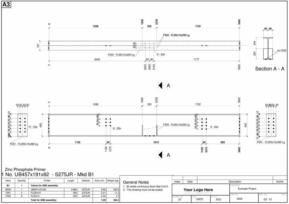 Fabrication drawing of a steel beam